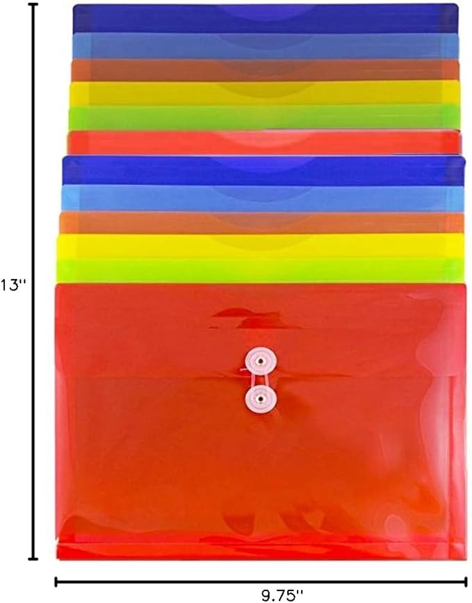 JAM PAPER Plastic Envelopes with Button & String Tie Closure - Letter Booklet - 9 3/4 x 13 - Assorted Primary Colors - 12/Pack