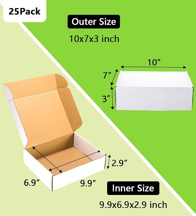 10x7x3 inches Shipping Boxes 25 Pack,TUKYLIL White Corrugated Cardboard Box,Mailer carton for Packaging Small Business,Gifts,Craft,Jewelry,daily supplies