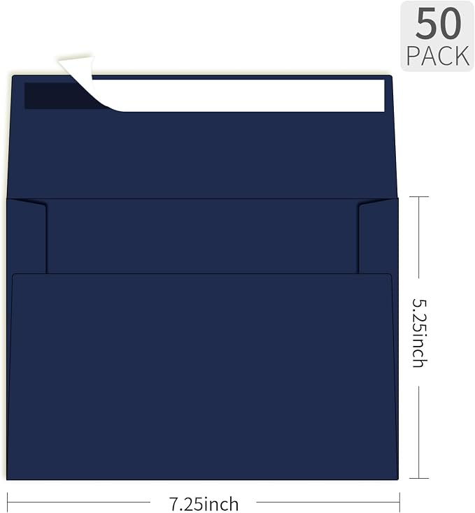 5x7 Envelopes For Invitation (50, Blue, A7) | A7 Envelope blue,50 pack 5x7 card Envelopes Self Seal,for weddings, greeting cards,baby shower,photos,birthday