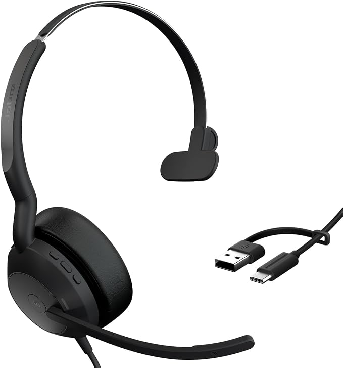 Jabra Evolve2 50 Wired Single-Ear Headset - Noise Cancelling Headphones, Bluetooth Headset for Work with Noise Cancelling Microphones, Goes with Online Meeting Platforms Like Microsoft Teams, Black