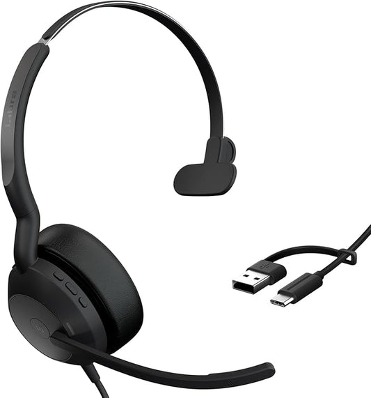 Jabra Evolve2 50 Wired Single-Ear Headset - Noise Cancelling Headphones, Bluetooth Headset for Work with Noise Cancelling Microphones, Goes with Online Meeting Platforms Like Microsoft Teams, Black