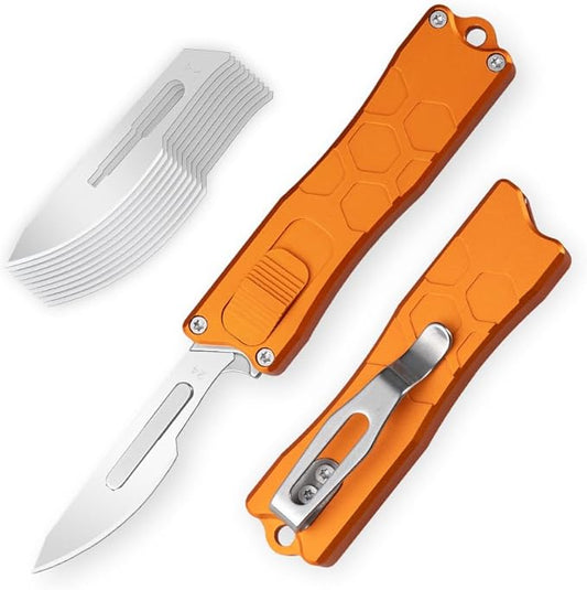 XXOK Automatic Utility knife Push Button EDC portable switch blades knife Box Cutter Scalpel folding Knife with 10PCS blades Orange