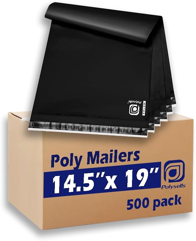 POLYSELLS 500 pcs 14.5x19 Inches Black Poly Mailers Shipping Envelopes, Strong Adhesive Sealing, Waterproof, and Tear-resistant Postal Mailing Bags for Clothing and Accessories