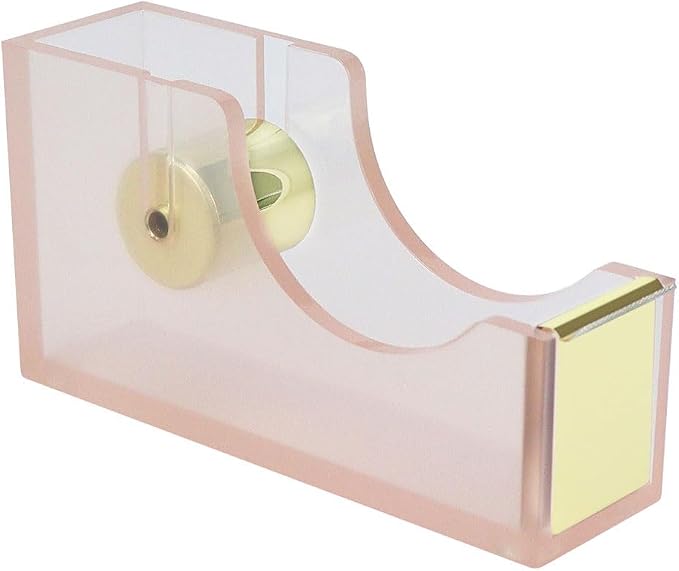MultiBey Acrylic Pink Tape Dispenser for Desk with 1 Roll Tape, Cute | Heavy Duty Nonslip Base Tape Cutter Holder with 1 Roll Tape | Aesthetic Clear Acrylic Desk Organizer for Office & Home