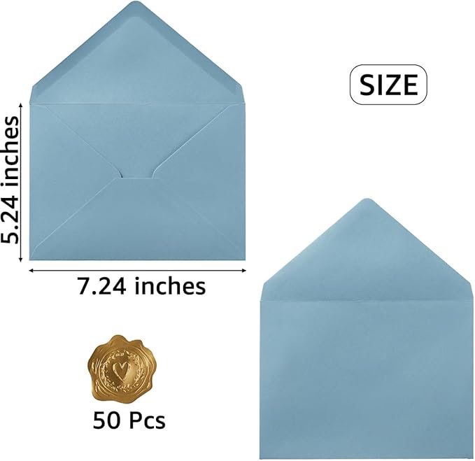 50 Pack A7 Colorful 5x7 Envelopes V Flap Invitation Envelopes for 5x7 Cards, Birthday, Weddings, Graduations, Greeting Cards, Baby Shower 5.24 x 7.24 Inches (Dusty-Blue)