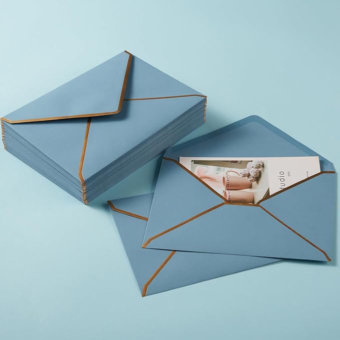 50 Pack A4 Envelopes Dusty-Blue 4x6 with Gold Border, 4.25x6.25 | Self-Adhesive, V Flap, For Wedding, Graduation, Baby Shower, Parties, Invitations