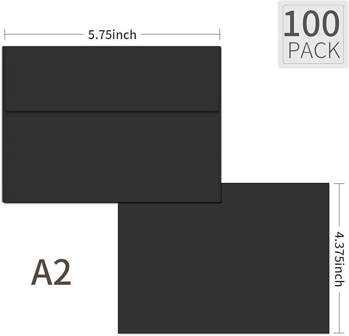 A2 Envelopes Black 100 Pack 4.375x5.75 Invitation Envelopes Self Seal for Wedding Birthday Party Baby Shower Thank You Notes, Greeting Cards (black)