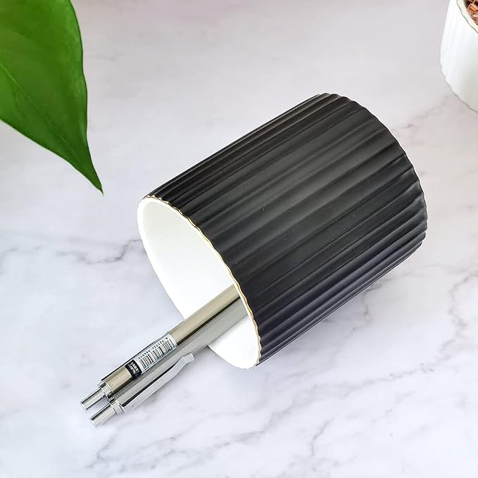 CROWNOS Pen Holder for Desk, Ceramic Pencil Cup Office Desk Organizer, Makeup Brush Holder, Black