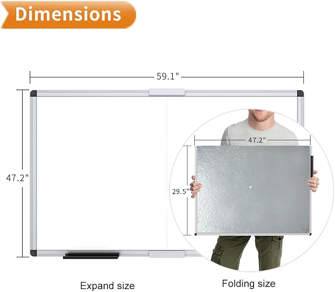 VIZ-PRO Large Magnetic Dry Erase Whiteboard, 60 x 48 Inches, Foldable | Silver Aluminum Frame, 5' x 4' Wall-Mounted Board with Marker Tray for School Office and Home