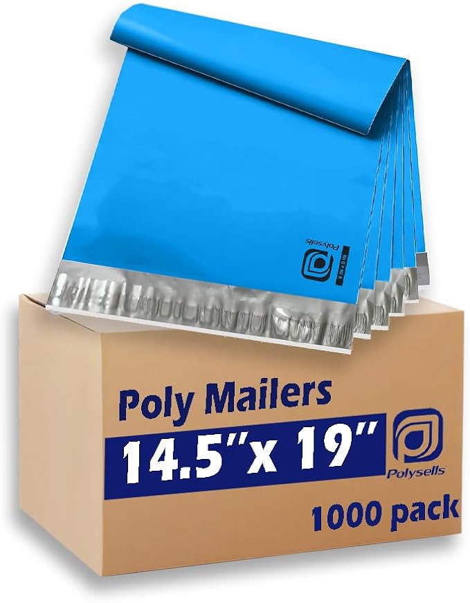 POLYSELLS 1000 pcs 14.5x19 Inches Blue Poly Mailers Shipping Envelopes, Strong Adhesive Sealing, Waterproof, and Tear-resistant Postal Mailing Bags for Clothing, Books, and Accessories