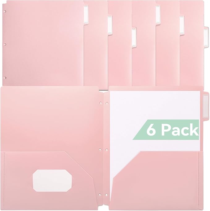 Plastic Folders with Pockets 3 Hole Punched, 6 Pack Pink Pocket Folders for 3 Ring Binder, Unique 1/3 Cut Tabs with Colorful Labels, School Folders, Letter Size