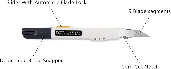Utility Knife, DAT Series-X Portable Box Cutter, Fine Point Arts and Crafts Blade for Precision Cutting, with 10 Blade Pieces (White, 1 Cutter 10 Blades)