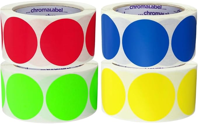 2 Inch Round Colored Stickers, Permanent Colored Labels, Colored Stickers for Arts and Crafts - 500 Sticker Dots per Roll, Red, Fluorescent Green, Yellow, and Dark Blue Sticker Labels