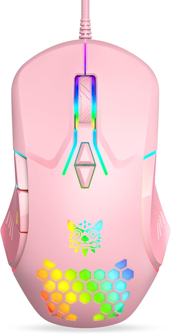 Wired USB Mouse, Computer Mouse with RGB Lighting, 4 Adjustable DPI, Ergonomic Optical Office Mouse, 7 Buttons Corded Mice for Window/PC/Laptop/Desktop/Mac/Chromebook, Pink
