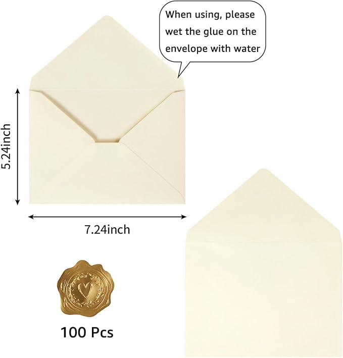 100 Pieces A7 Envelopes Colorful 5x7 Envelopes for Greeting Cards, Birthday, Weddings, Baby Shower Invitation Cards (Cream Color, 5.24 x 7.24 Inches)