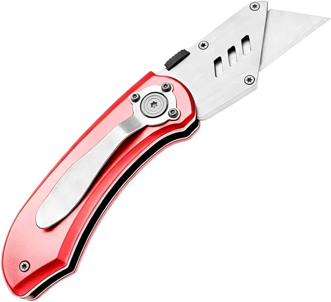Utility Knife Folding Safety Lock Quick Change with 10 Extra SK5 Replacement Blade Lightweight Aluminum Handle & Pocket Clip Multi-Use Box Cutter Office Home Art Diy Great Gift Choice (New.Red)