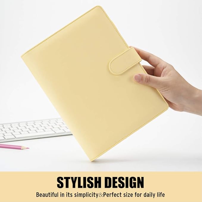 Sooez A5 Notebook Photocard Binder, 6 Ring Planner, Stylish Loose Leaf Personal Organizer Cover with Magnetic Buckle, PU Leather Binder Women with Soft Colors (Yellow)
