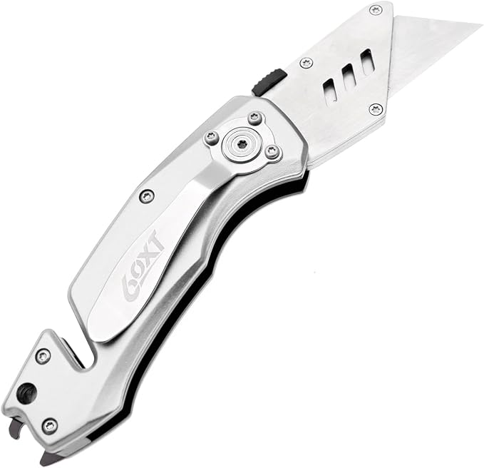 Utility Knife Folding Safety Lock Quick Change with 10 Extra SK5 Replacement Blade Lightweight Aluminum Handle & Pocket Clip Multi-Use Box Cutter Office Home Art Diy Great Gift Choice (UPG V. Silver)