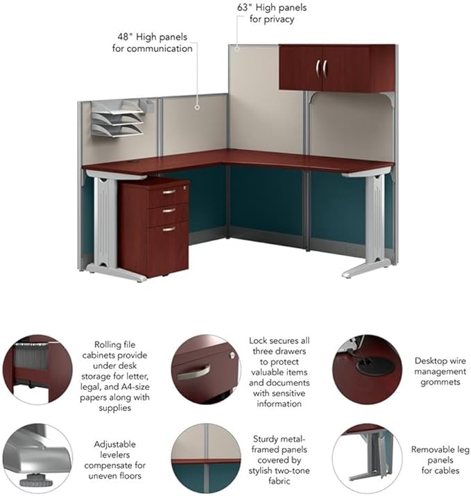 Bush Business Furniture Office in an Hour 65W L Shaped Cubicle Desk with Storage, Drawers, and Organizers in Hansen Cherry | Modern Computer Table Set with Privacy Panels for Commercial Workspace