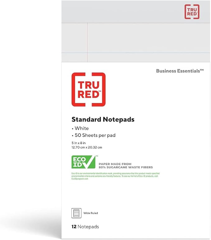 Sustainable Earth by STAPLES Notepads, 5” x 8”, Wide Ruled, White, 50 Sheets/Pad, 12‑Pack