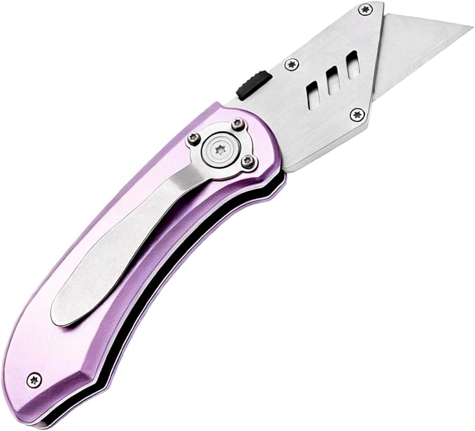 Utility Knife Folding Safety Lock Quick Change with 10 Extra SK5 Replacement Blade Lightweight Aluminum Handle & Pocket Clip Multi-Use Box Cutter Office Home Art Diy Great Gift Choice (New.Purple)