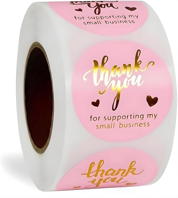 Pink Thank You Stickers Gold Foil – 500 Waterproof 1.5” Round Labels for Small Business Packaging, Custom Thank You Labels for Envelopes, Gift Bags, Boxes, Cards & Orders
