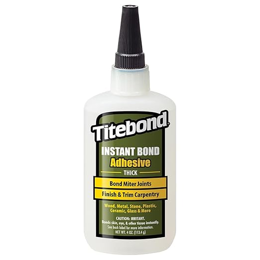 Titebond Instant Bond Thick CA Super Glue – Fast-Setting Ethyl Cyanoacrylate Adhesive for Wood, Miter Joints, Jigs, Fixtures & End-Grain, 8-10 Second Set – 4 Oz. 6222