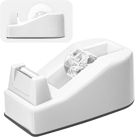 Desktop Office Tape Dispenser, Fits Standard 1-Inch Core Tapes, Weighted Base, Sharp Metal Blade, Smooth Cutting, Adhesive Roll Holder for Office, School, Shop, Home & Business - White