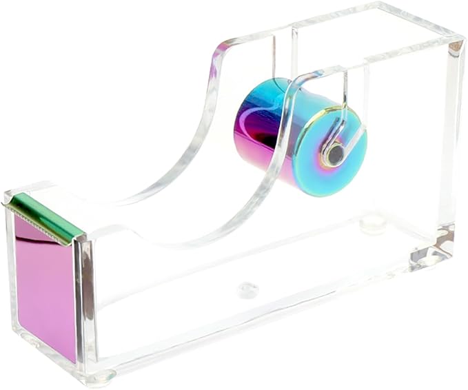 NatSumeBasics Rainbow Tape Dispenser Desk Clear Acrylic Tape Dispenser Holder for Office School Home Stationery Supplies (Clear & Rainbow Tone)