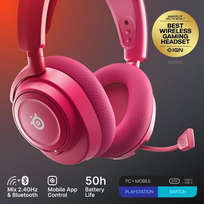 SteelSeries Arctis Nova 7 Wireless Gen 2 Gaming Headset - Real-Time App Control, 50+ HR Play, Neodymium Drivers, Mix 2.4GHz/Bluetooth, PC, PS5, PS4, Switch 1/2, Mobile - Magenta