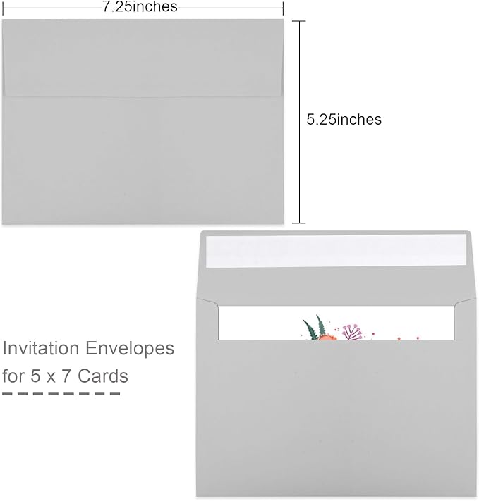 50 Packs 5x7 Dark Gray Envelope 5x7, Dark Gray Invitation Envelopes Self Seal for Weddings, Invitations, Photos, Greeting Cards, Mailing