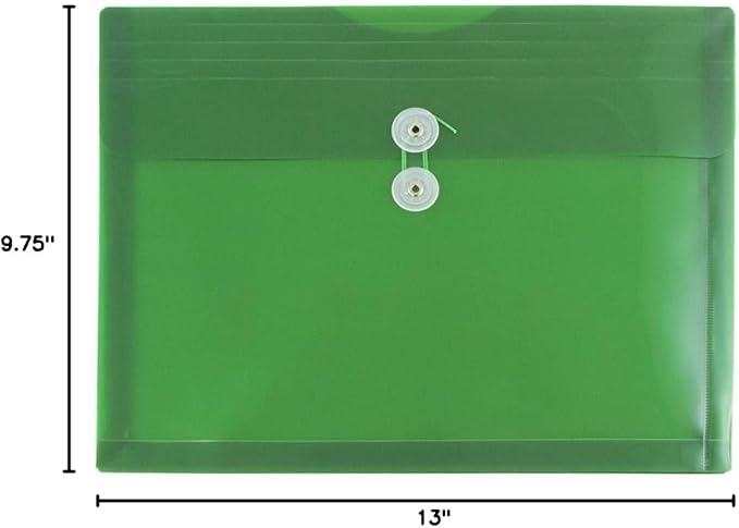 JAM PAPER Plastic Envelopes with Button & String Tie Closure - Letter Booklet - 9 3/4 x 13 - Green - 3/Pack
