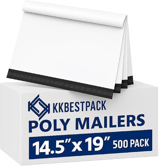 White Poly Mailers 14.5x19 in, Shipping Bags, 500 Pcs | Bulk poly mailers and mailer bags for shipping clothes; large shipping envelopes for packing shirts and hoodies.