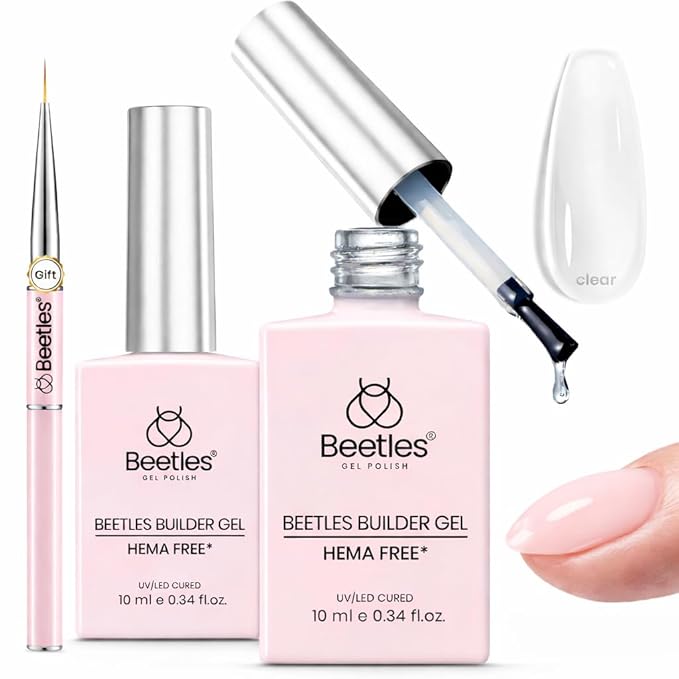Beetles Builder Gel for Nails 2Pcs, 7 in 1 Clear Building Gel Set HEMA-FREE&TPO FREE with Nail Brush, for Strengthening Natural Nail Apex & Extension DIY Salon at Home,UV LED Lamp Cured