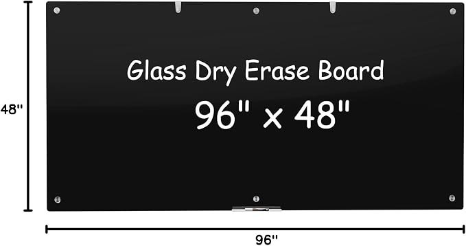 Wingwise Large Black Glass Dry Erase Board, 96 x 48 in Magnetic Blackboard | Frameless design, 8' x 4' dry erase whiteboard, ample writing space, great for corporate offices, classrooms, home