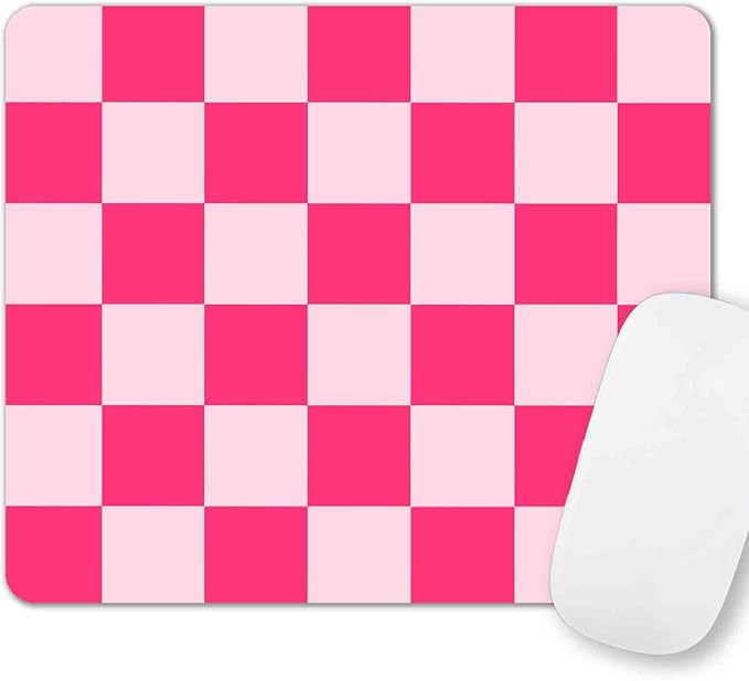 Hot Pink Mouse Pad, Aesthetic Checkered Mousepad, Cool Square Computer Mouse Mat Design, Girly Kids Girls Teen Pretty Modern Decorative Mouse Pads for Laptop Office, 9.5x7.9 inch