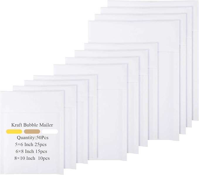 50 Pcs Kraft Bubble Mailers 3 Size Padded Envelopes Kraft Poly Mailers Bubble Lined Shipping Envelopes Mail Shipping Bags for CDs Book Business Supplies (White)