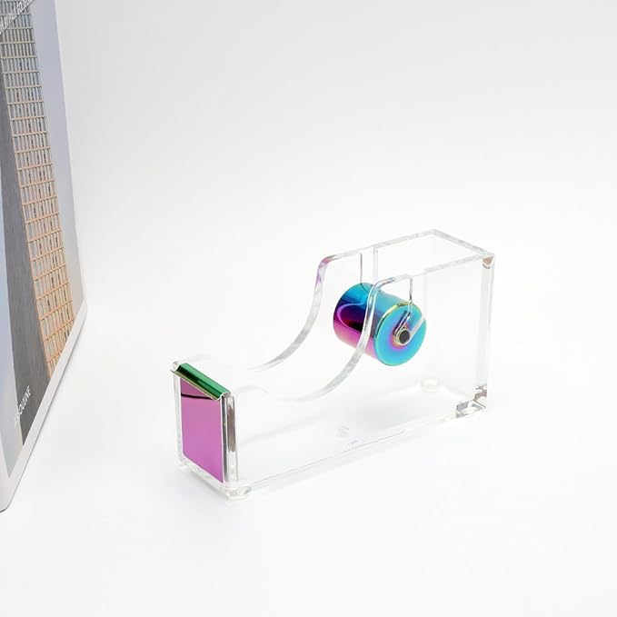 NatSumeBasics Rainbow Tape Dispenser Desk Clear Acrylic Tape Dispenser Holder for Office School Home Stationery Supplies (Clear & Rainbow Tone)