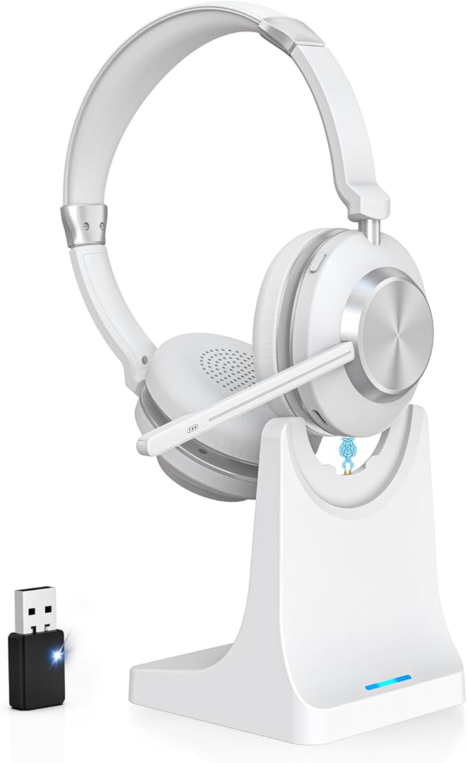 Wireless Headset with Mic for Work, Bluetooth Headset with Microphone, AI Noise Canceling Mic & Mute, Wireless Headphones with USB Dongle & Charging Dock for PC/Cell Phones/Call Center/Teams