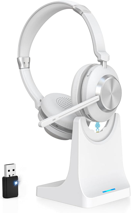 Wireless Headset with Mic for Work, Bluetooth Headset with Microphone, AI Noise Canceling Mic & Mute, Wireless Headphones with USB Dongle & Charging Dock for PC/Cell Phones/Call Center/Teams