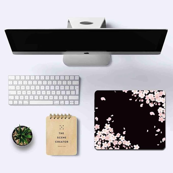 Cute Pink Flowers Mouse Pad, Cherry Blossom Mouse Pad, Serene Blossoms on Black Elegant Floral Mousepad, Japanese Minimalistic Mice pad for Computer Office Girl, 9.5 x 7.9 Inch