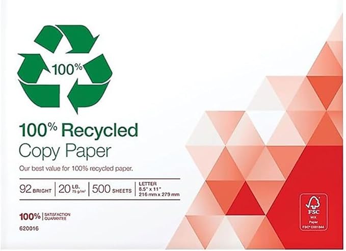 Staples 100% Recycled 8.5-Inch x 11-Inch Copy Paper 20 lbs 92B 500/Ream 10 Ream/Count, For Office, School & Home