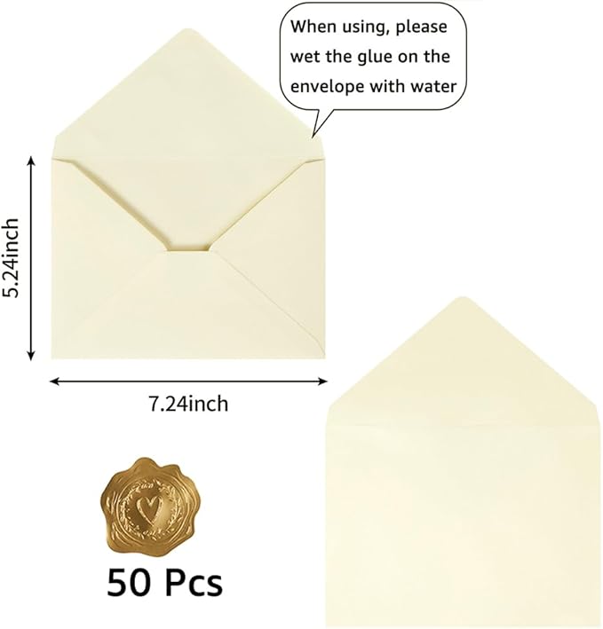 50 Pack A7 Colorful 5x7 Envelopes V Flap Invitation Envelopes for 5x7 Cards, Birthday, Weddings, Graduations, Greeting Cards, Baby Shower 5.24 x 7.24 Inches (Cream Color)