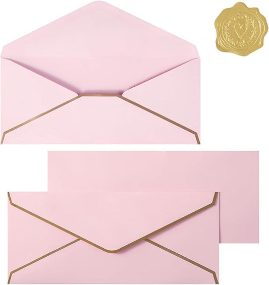 30 Pack #10 Business Envelopes with Stickers, Thick Paper, Light Pink | 4 1/8 x 9 1/2 Inches, Self Seal Standard Envelopes with Gold Border For Letter Mailing, Greeting Cards
