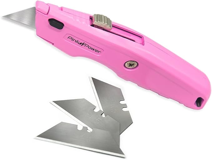 Pink Power Box Cutter Retractable, Pink Utility Knife for Carpet, Cute Box Cutter Knife Heavy Duty with 3 Blades and Storage Compartment - Opener Pocket Utility Tools for Women (1)