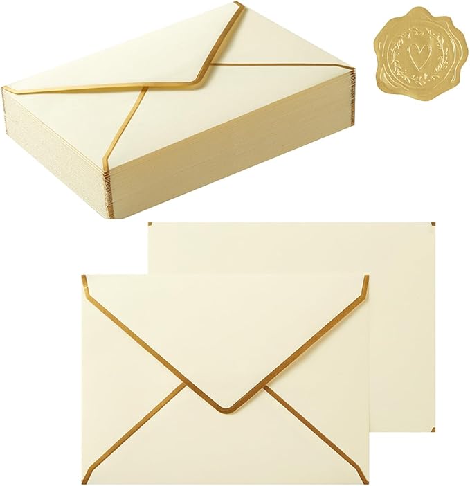 50 Pieces A7 Envelopes with Gold Border, 5.24 x 7.21 Inches Envelopes with Gold Stickers for Greeting Cards and Invitation (Cream Color, A7-5x7)