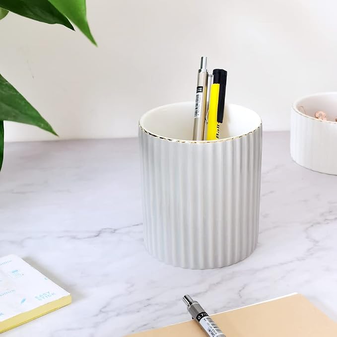 CROWNOS Pen Holder for Desk, Ceramic Pencil Cup Office Desk Organizer, Makeup Brush Holder, Light Gray
