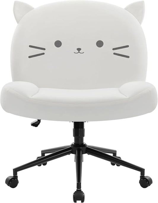 IWMH Armless Office Desk Chair with Wheels,Ergonomic Criss Cross Legged Computer Chair with Fabric Padded, Height Adjustable Wide Seat Vanity Chair,Mid Back Task Chair for Home (White cat)