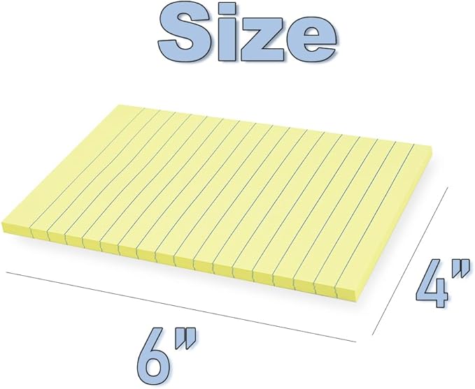 (6 Pack) Lined Sticky Notes 4x6 in,Yellow Large Notepads with Lines,Ruled Stickies Super Sticking Power,Office School Memo Note Pads,Post on Windows Doors,Recyclable,Easy to Write on,Hold Well