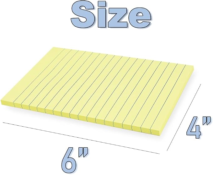 (6 Pack) Lined Sticky Notes 4x6 in,Yellow Large Notepads with Lines | Stickies Super Sticking Power,School Memo Note Pads,Post on Windows Doors,Recyclable,Easy to Write on,Hold Well